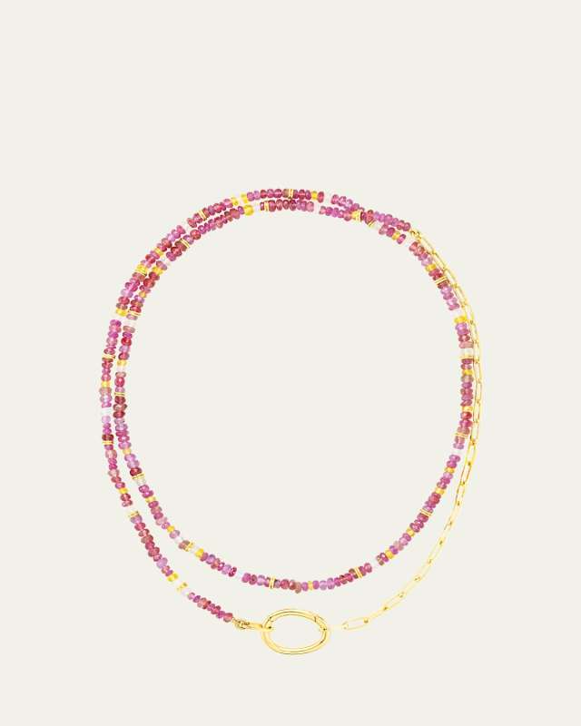 18K Gold Lien Pierres Rose Long Necklace with Multi-Color Gemstones
